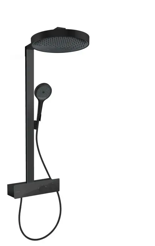Schwarze hansgrohe Duschsäule mit Regenbrause und Handbrause, integriertem Bedienfeld. Modernes Design, montiert an einer Wand.